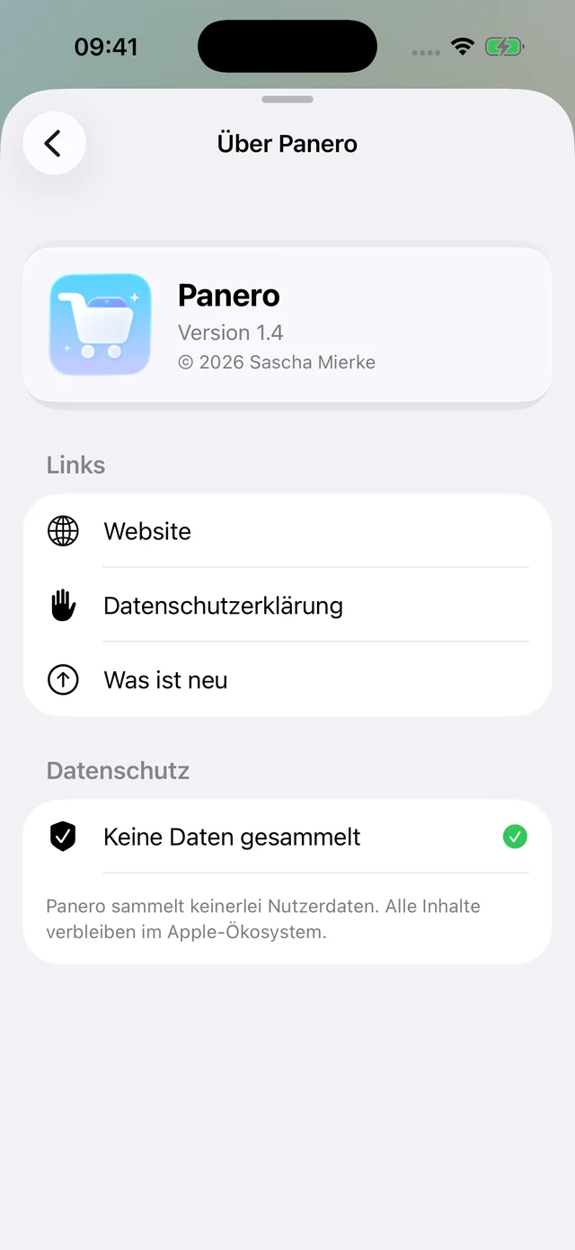 Über Panero mit App-Version, Website, Datenschutzerklärung und Versionshistorie.
