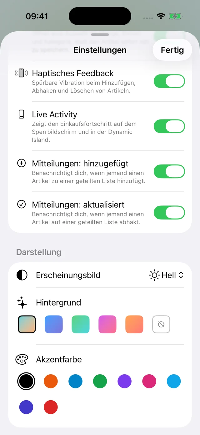 Mitteilungs-Schalter, Erscheinungsbild, Hintergrund und Akzentfarbe.