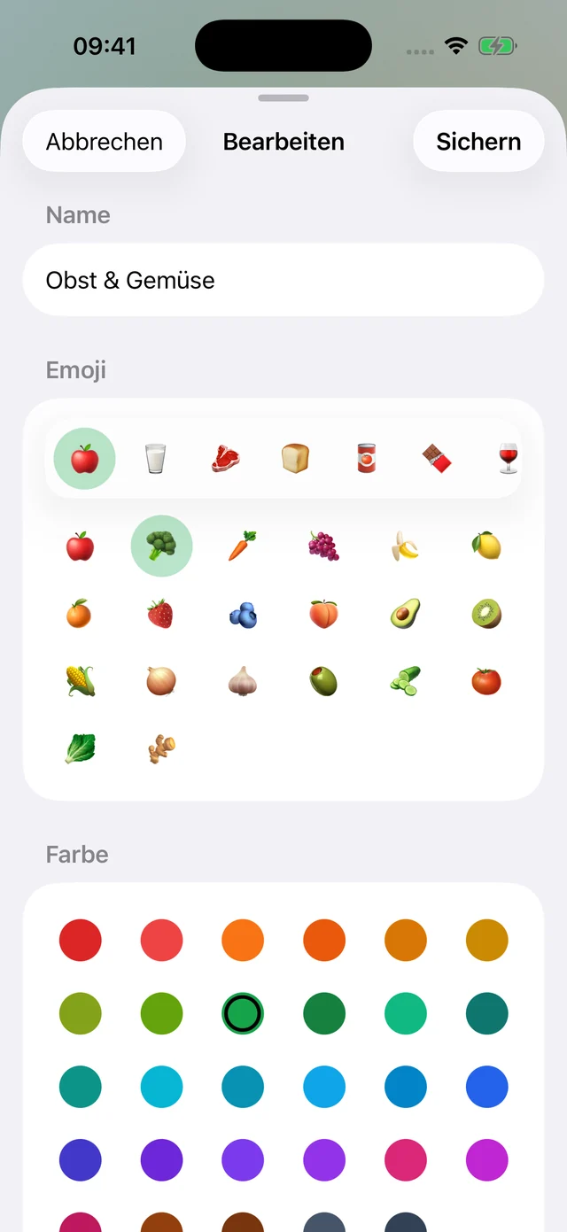 Kategorie bearbeiten: Name, Emoji und Farbe auswählen.