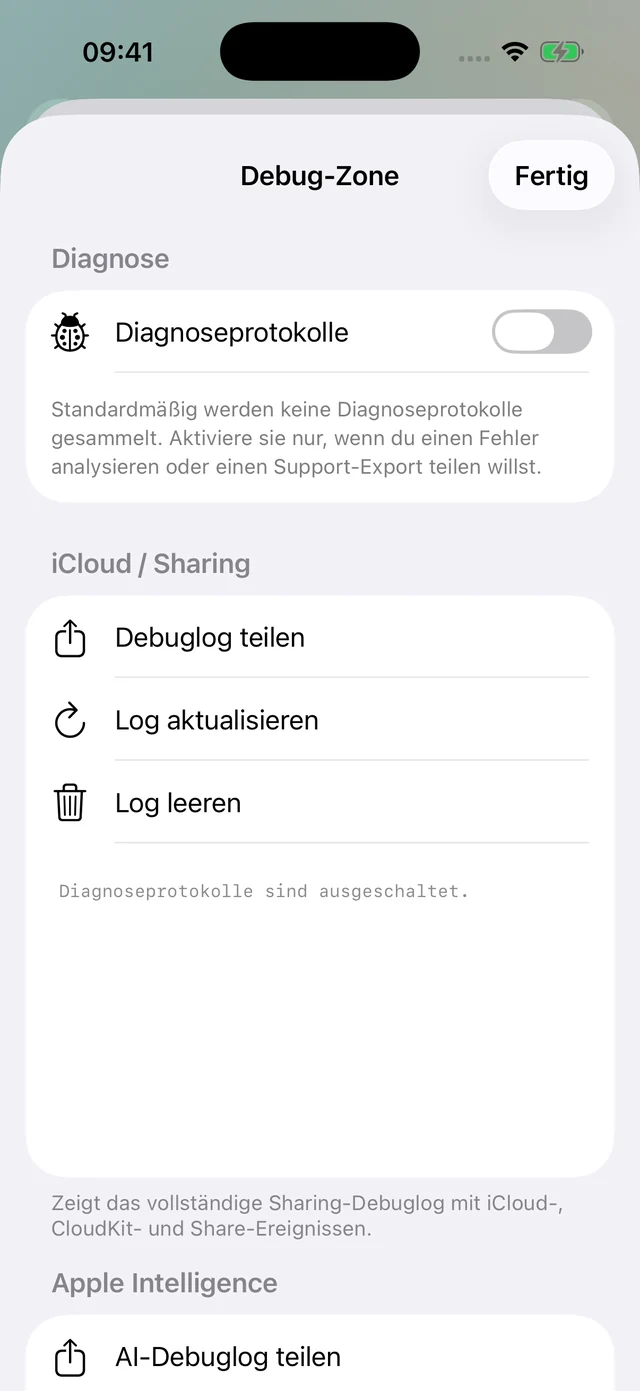 Debug-Zone bei ausgeschalteten Diagnoseprotokollen.