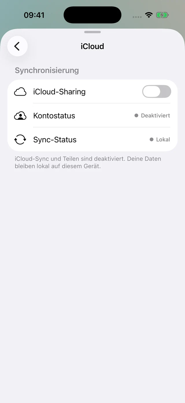 iCloud-Einstellungen mit deaktiviertem Sharing und lokalem Speicher.