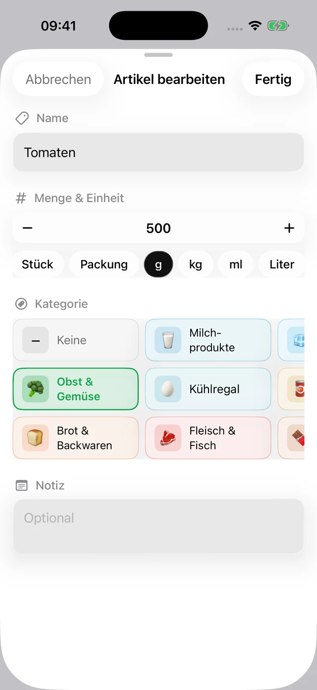 Artikel bearbeiten: Name, Menge, Einheit, Kategorie und optionale Notiz.
