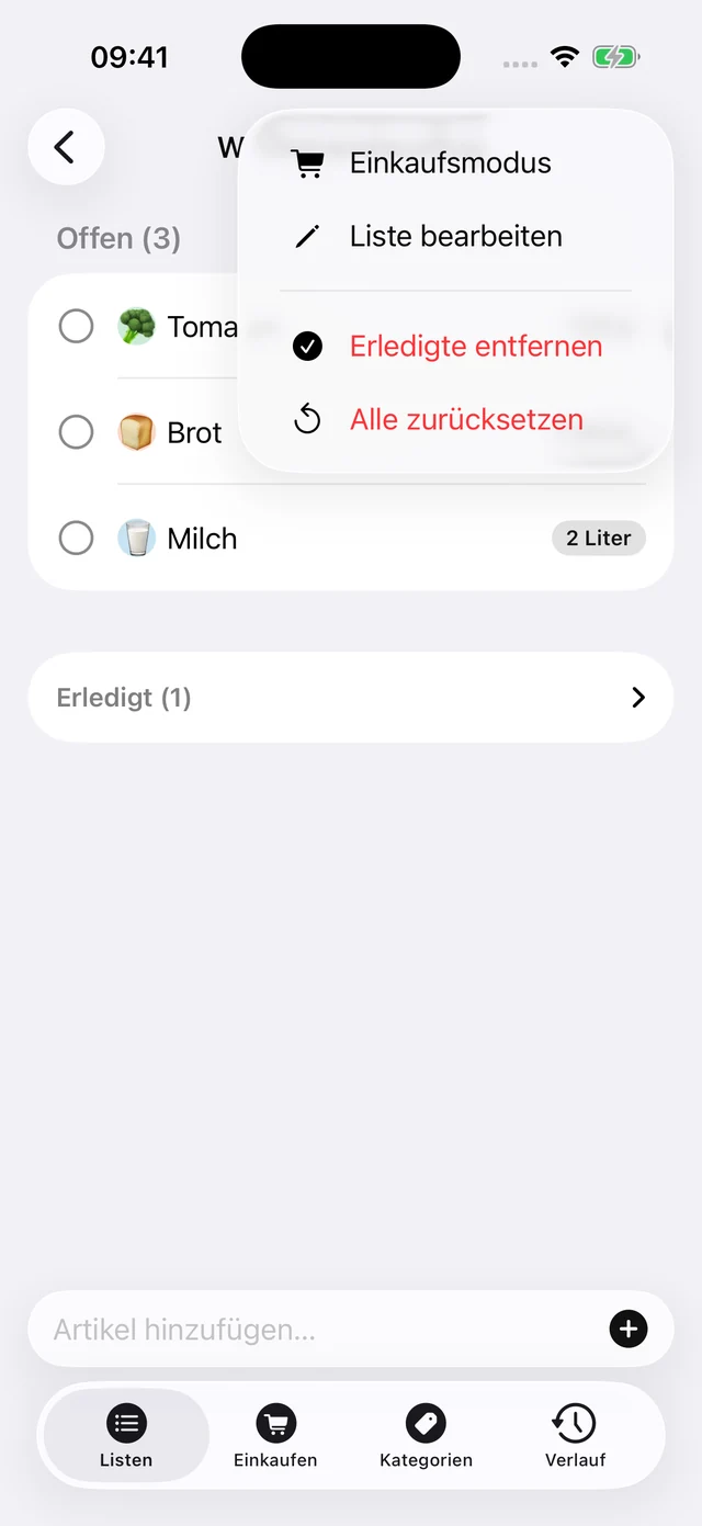Menü einer lokalen Liste bei deaktivierter KI und deaktiviertem iCloud-Sharing.