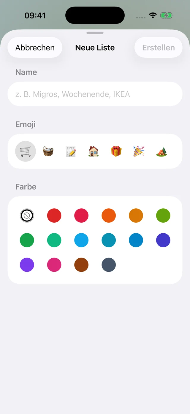 Neue Liste: Name, Emoji und Farbe im vollständig geöffneten Formular.