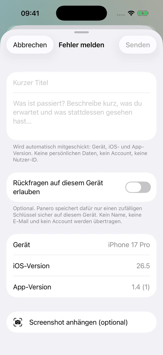 Fehler melden mit optionalem Screenshot und gerätebezogenen Rückfragen.