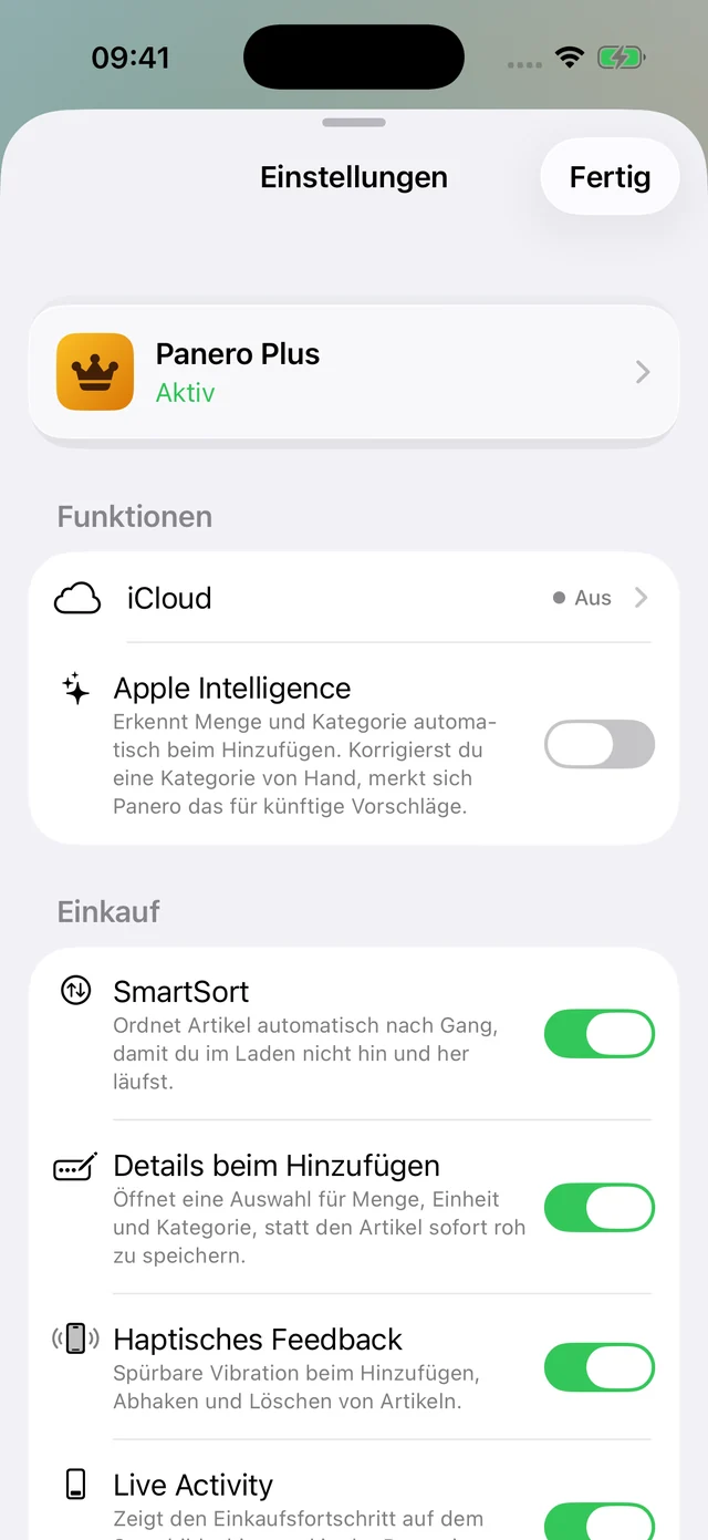 Einstellungen mit Plus-Karte, Funktionen und Einkaufsoptionen
