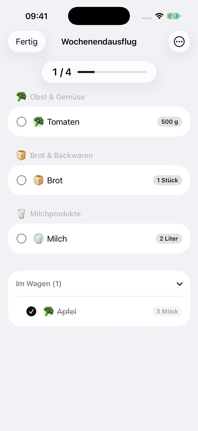 Einkaufsmodus: ein Artikel im Wagen, drei noch offen.